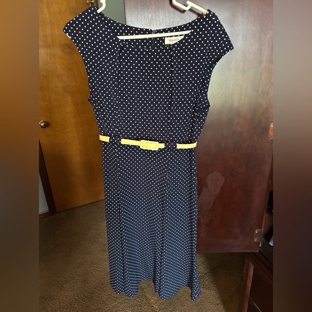 dressbarn Navy Polka Dot Midi Dress with Yellow Belt